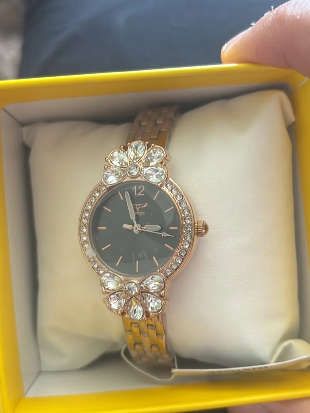 Invicta Rose Gold Crystal Floral Bracelet Watch with Black Dial
